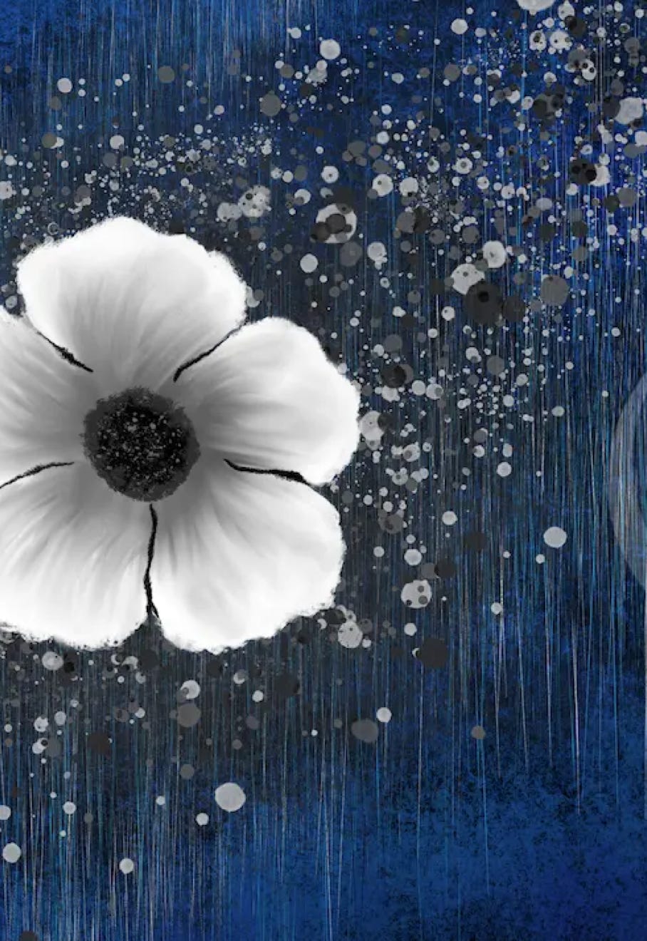 "Floating Flower" by JJ Ashton - Digital, mixed media abstract painting of a flower floating in a river with natural debris.
