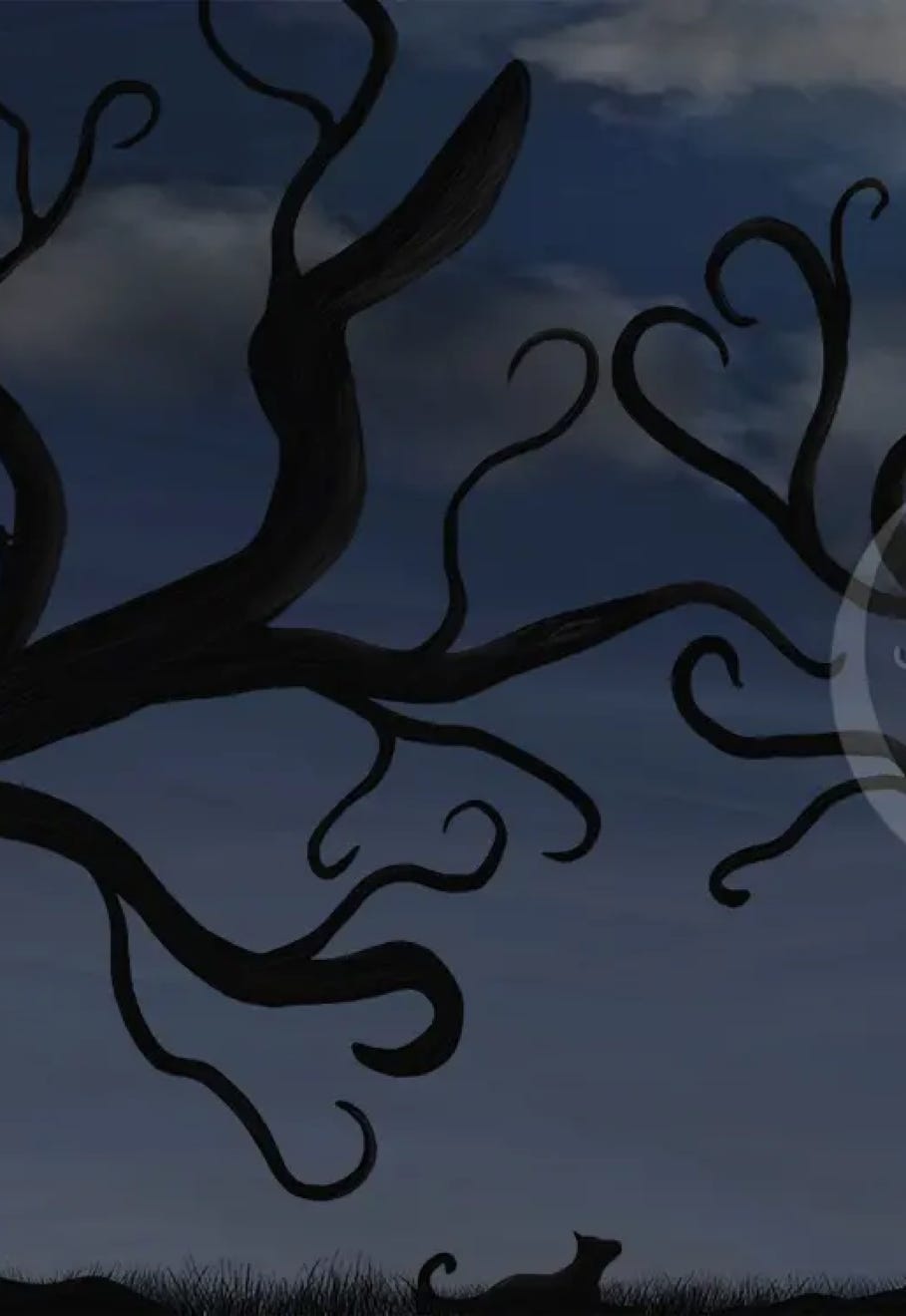 “Dancing Trees” by JJ Ashton- Painting of dancing trees with swirly branches in moonlight while a cat looks on. 