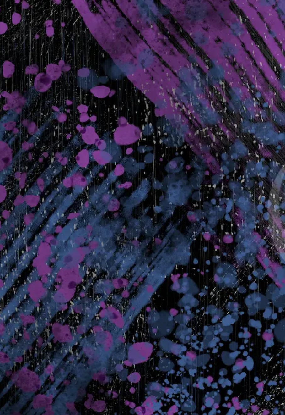 "Bubble and Flow" by JJ Ashton - Digital, mixed media, abstract paining of bubbles and flowing lines in blue, purple, gray, white, and black.