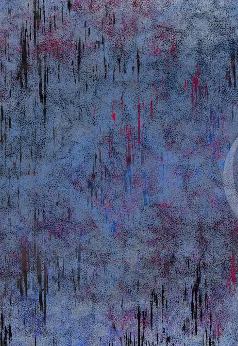 “Scratched” by JJ Ashton - Digital, mixed media, abstract painting in blues, purples, red, grays, white, black, and a hint of yellow.