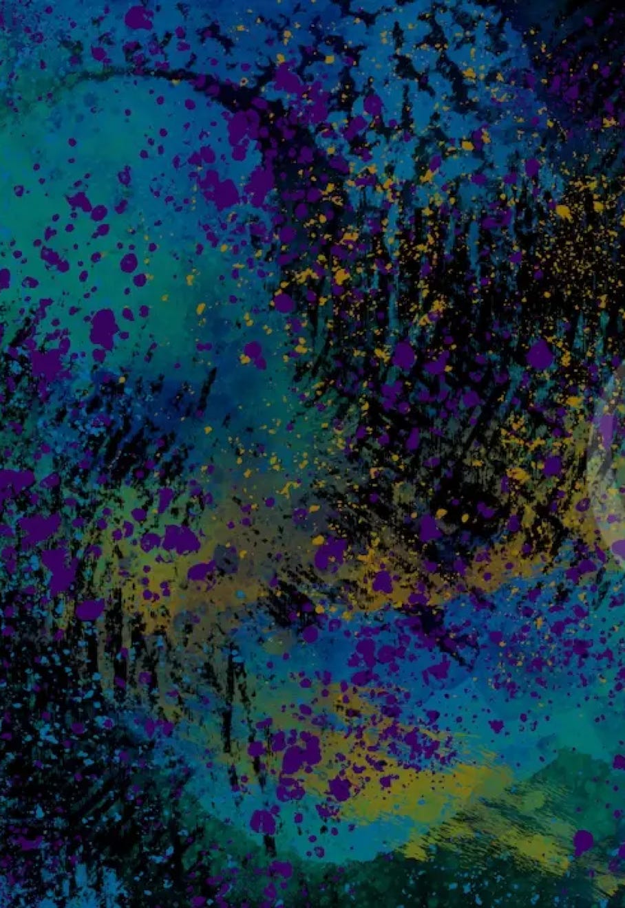 “Wave” by JJ Ashton -  Digital, mixed media, abstract painting of a wave curl in blues, golds, purple, black, greens, and grays. 