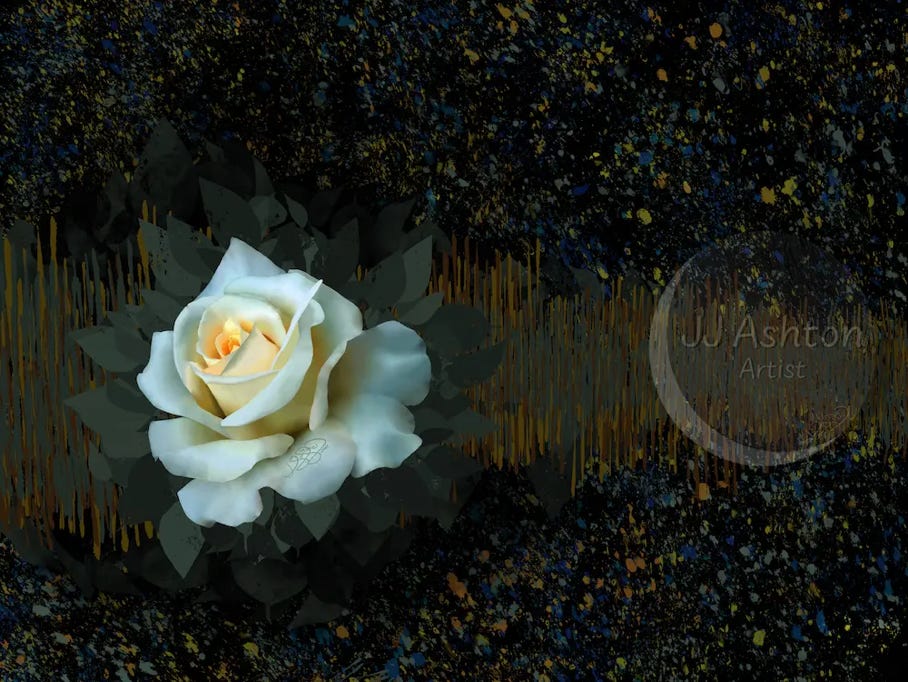 Digital, mixed media painting of a white rose on a bed of green leaves on an abstract background.