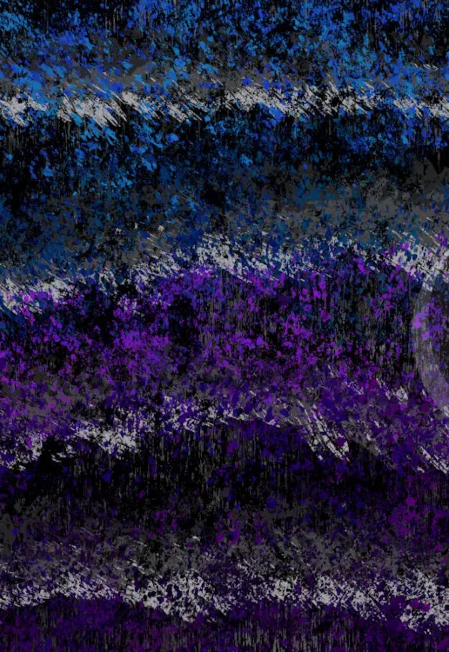 “13 Shades” by JJ Ashton - Digital, mixed media, abstract painting with purple, blue, gray, white, and black waves.