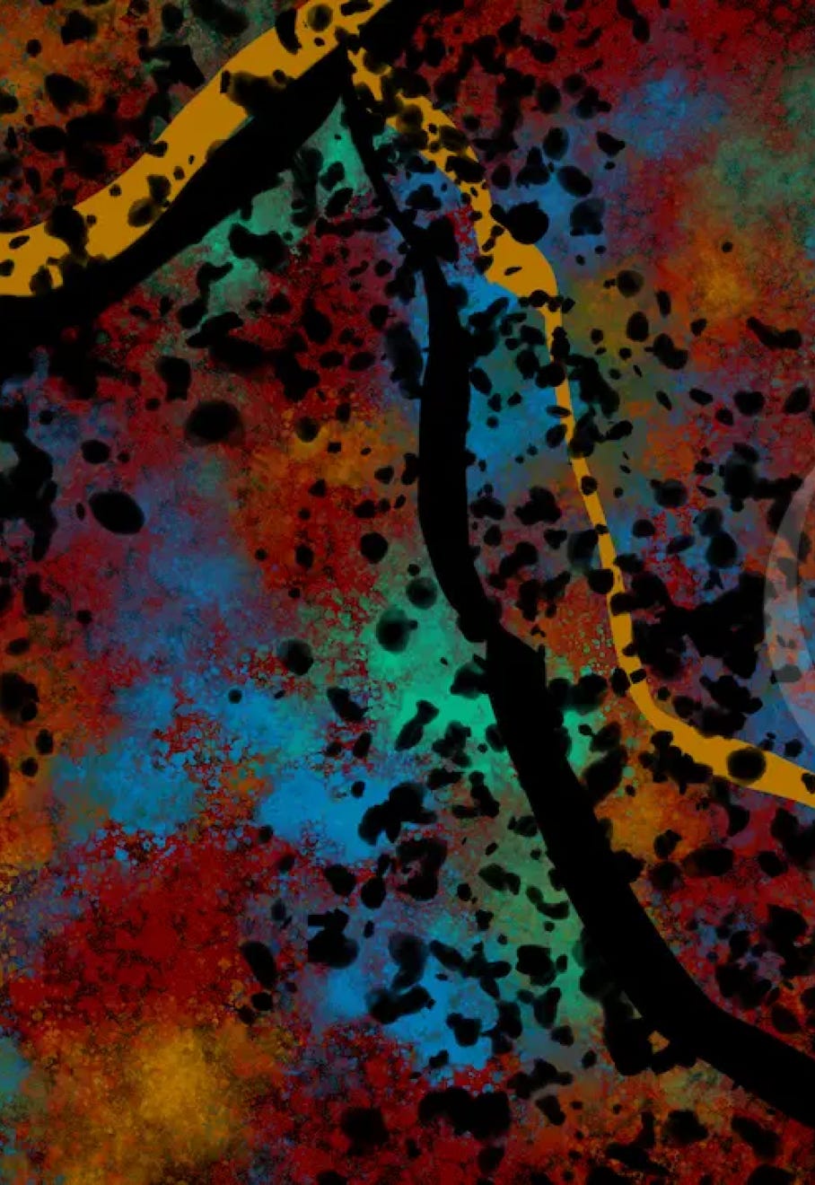 “Trippy” by JJ Ashton - Digital, mixed media, abstract painting in blues, gold, reds, oranges, greens, and black. 