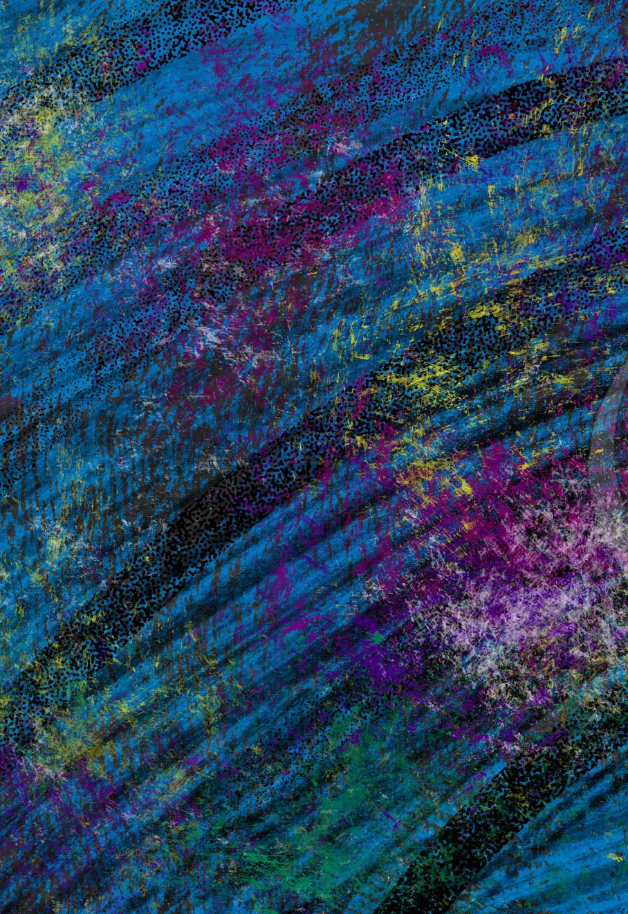 “Ripples” by JJ Ashton - Digital, mixed media, abstract painting which made me think of ripples in a pond with flower, and other natural detritus caught in the motion. This one has blues, green, yellow, pinks, purples, black, and gray. 