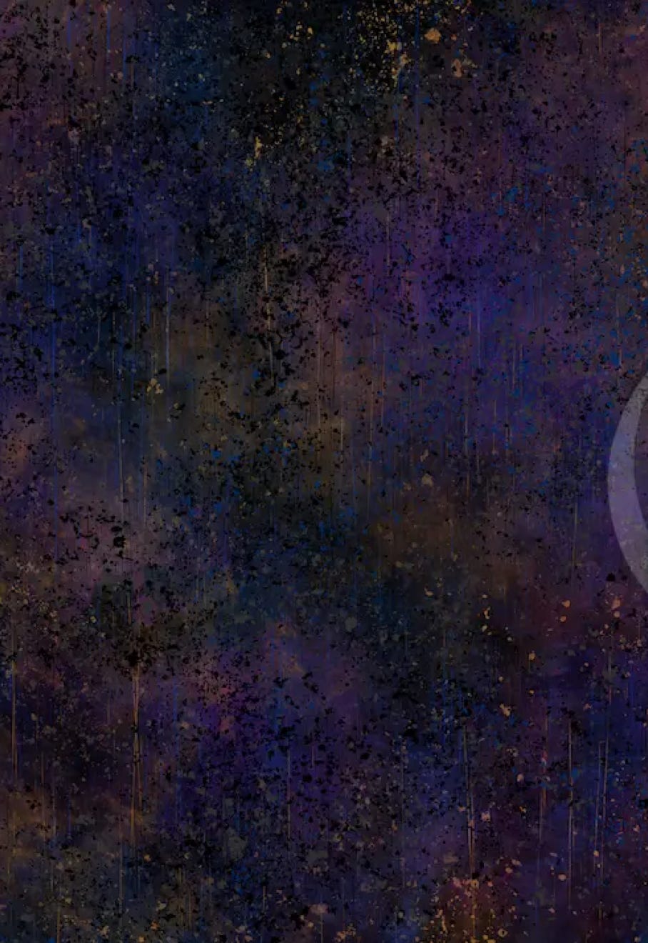 “Flecks of Gold” by JJ Ashton - Digital, mixed media, abstract painting with purple, gold, gray, black, and blue colors. 
