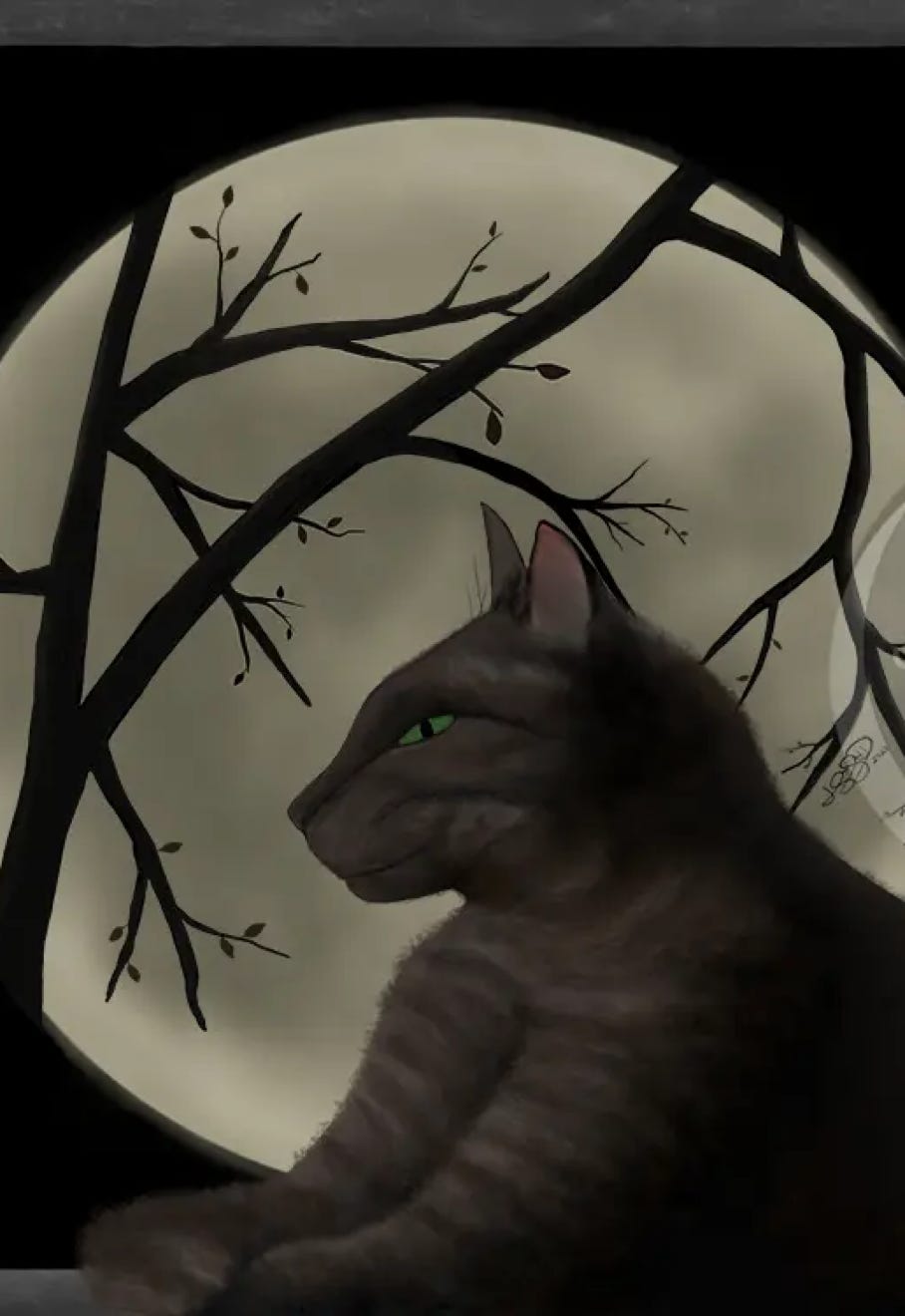 “Remy in Moonlight” by JJ Ashton- Digital, mixed media painting of a smoke tabby cat sitting by a framed painting of bare winter tree branches and a full moon. 