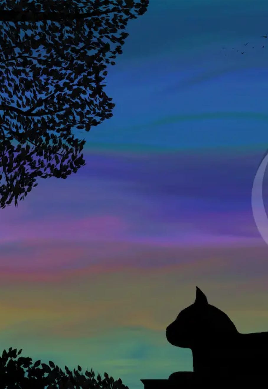 “Sunset Kitty” by JJ Ashton -  Painting of a silhouetted cat sitting on a porch during sunset. 