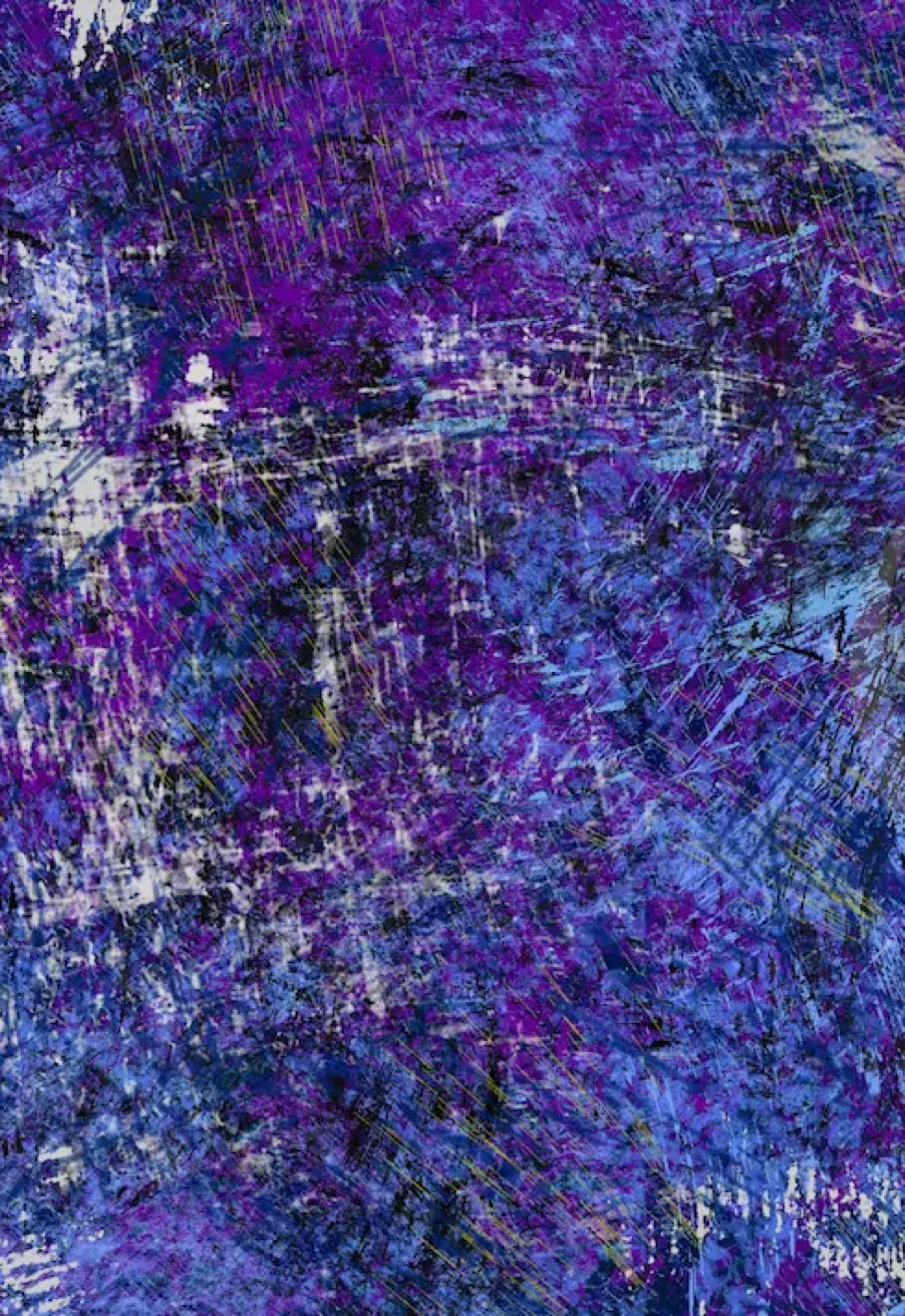 “Royal” by JJ Ashton - Digital, mixed media, abstract painting in blues, purples, gray, white, and black.